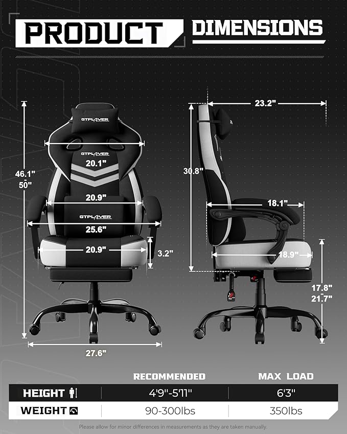 GTPLAYER Gaming Chair, Computer Chair with Footrest and Lumbar Support for Adults, 360°-Swivel Big & Tall Reclining Seat for Office or Gaming (Black&White)