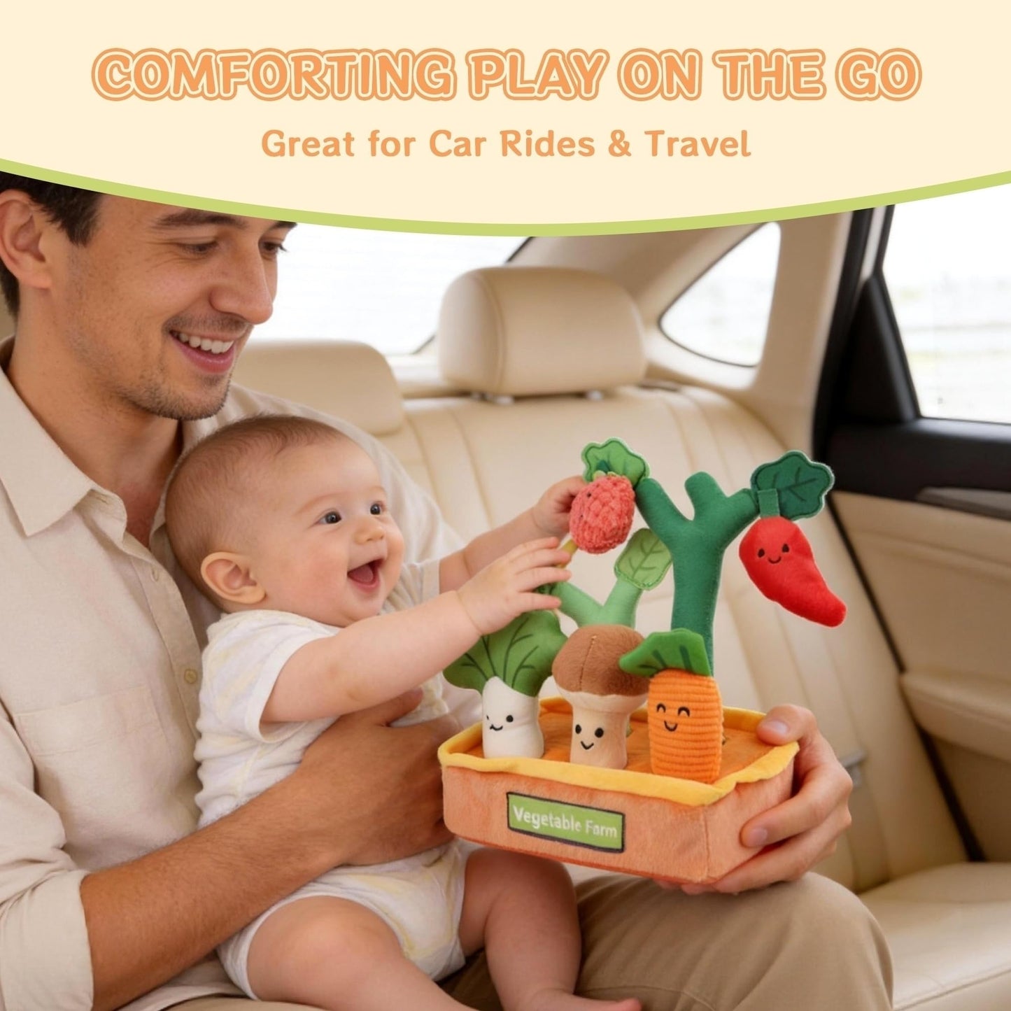 Baby Sensory Toys Plush Fruits and Vegetables, Plush Farm Developmental Toys 6-12 Months for Toddlers with Crinkle Rattle Squeaker Textures, 9 PCS Pull Out Fine Motor Skill Toddler Learning Toys