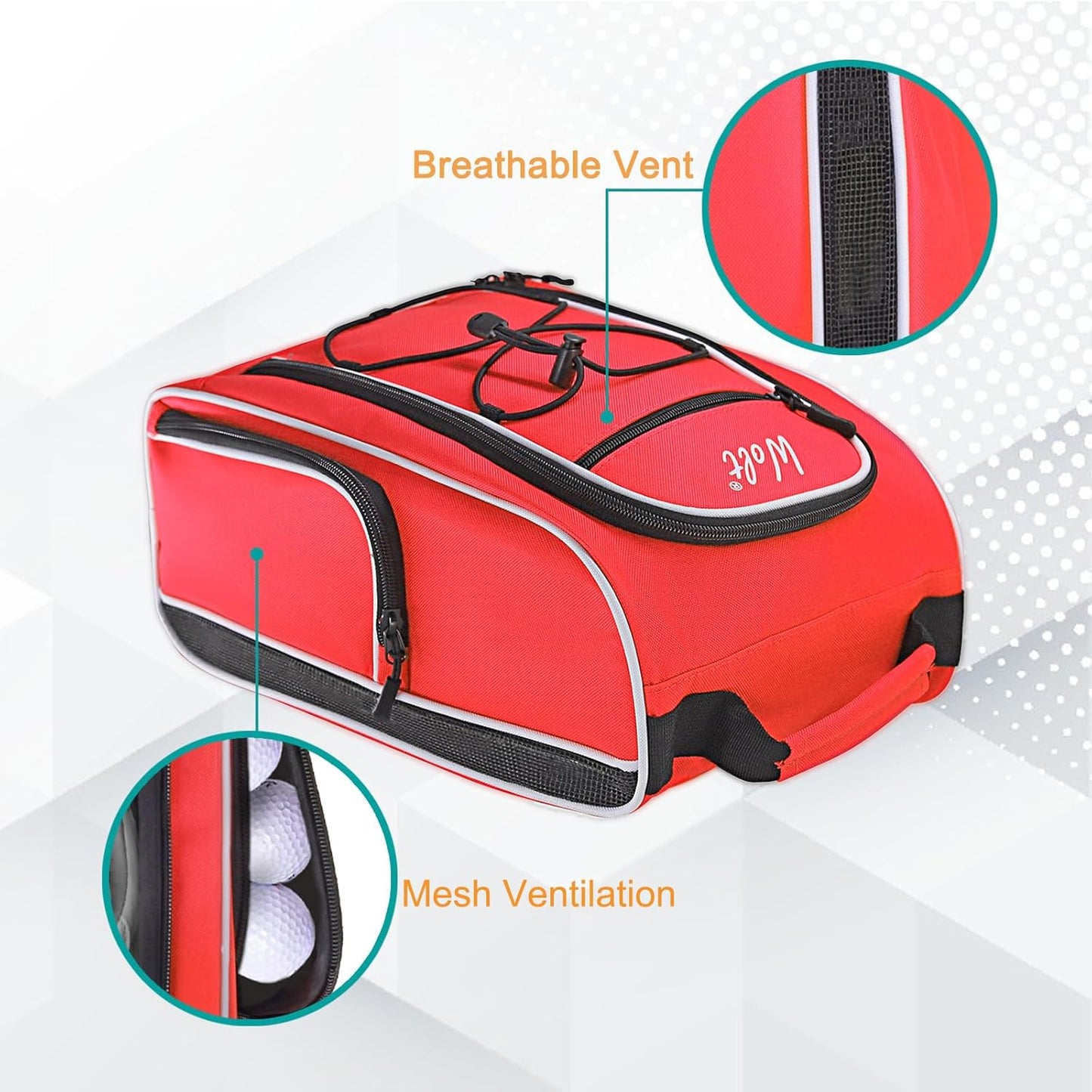 Wolt Golf Shoe Bag - Sports & Travel Shoes Carrier Bags with Ventilation & Double Outside Accessory Pocket for Socks, Tees, Golf Balls, etc. for women and men (Red)