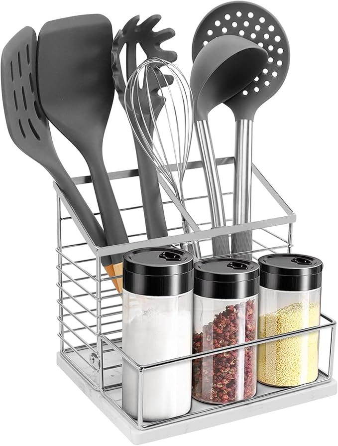 Utensil Holder for Kitchen Counter, Metal Utensil Holder Rack for Salt and Pepper Shakers for Kitchen Countertop, Cooking Tools Storage for Spatula, Large Utensil Organizer with Marble Base