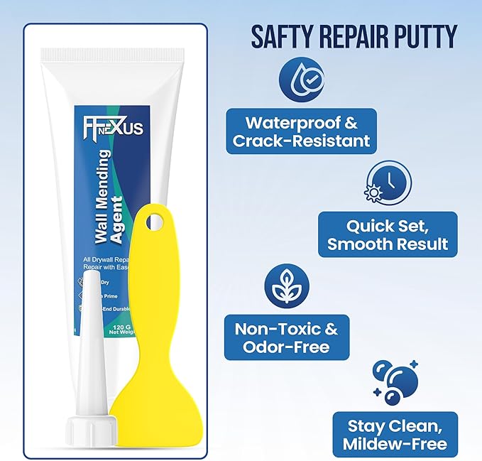 Drywall Repair Kit – 2 × 120g Fast-Dry Putty Tubes with 2×2″ & 4×4″ Wall Patch Mesh, Dual Scrapers & 2 P180 Sandpapers | Quick-Dry Spackle & Sheetrock Crack Filler for Wall, Ceiling & Plaster Repair