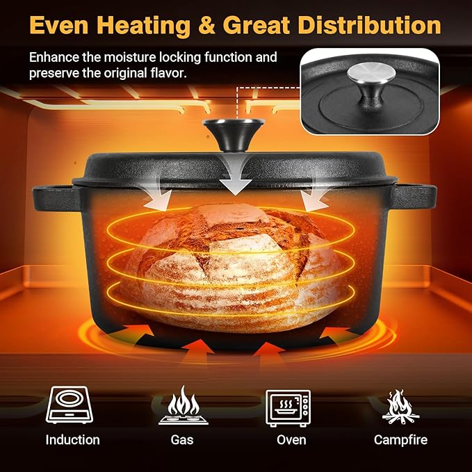 5 Qt Sourdough Dutch Oven with Lid, Cast Iron Dutch Oven for Bread Baking, Dutch Pot with Bread Baking Supplies
