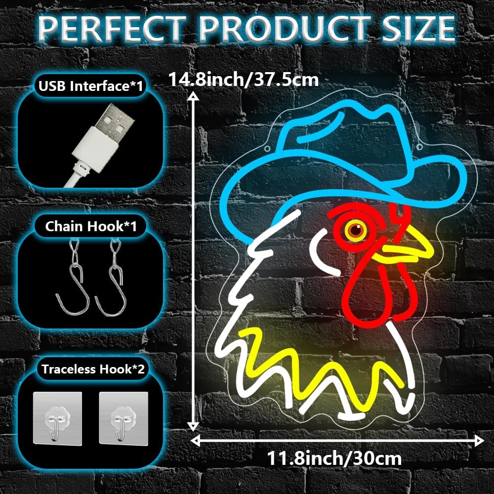Cowboy Neon Sign,Rooster Dimmable LED Light Signs for Wall Art Decor,Chicken Backdrop for Bar Bedroom Club Party Man Cave Game Room,Western Gift for Men Boys Teen USB Powered（14.8"*11.8"）