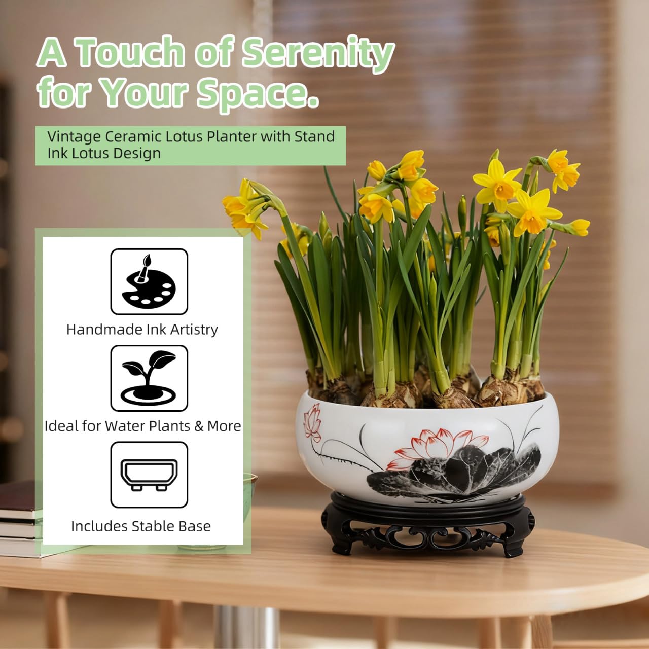 Gatuida Ceramic Bonsai Planter with Base, Hydroponic Flower Container, Water Lily Bowl, Lotus Planter for Home Decor, 6.69 x 2.75 x 4.13 Inch
