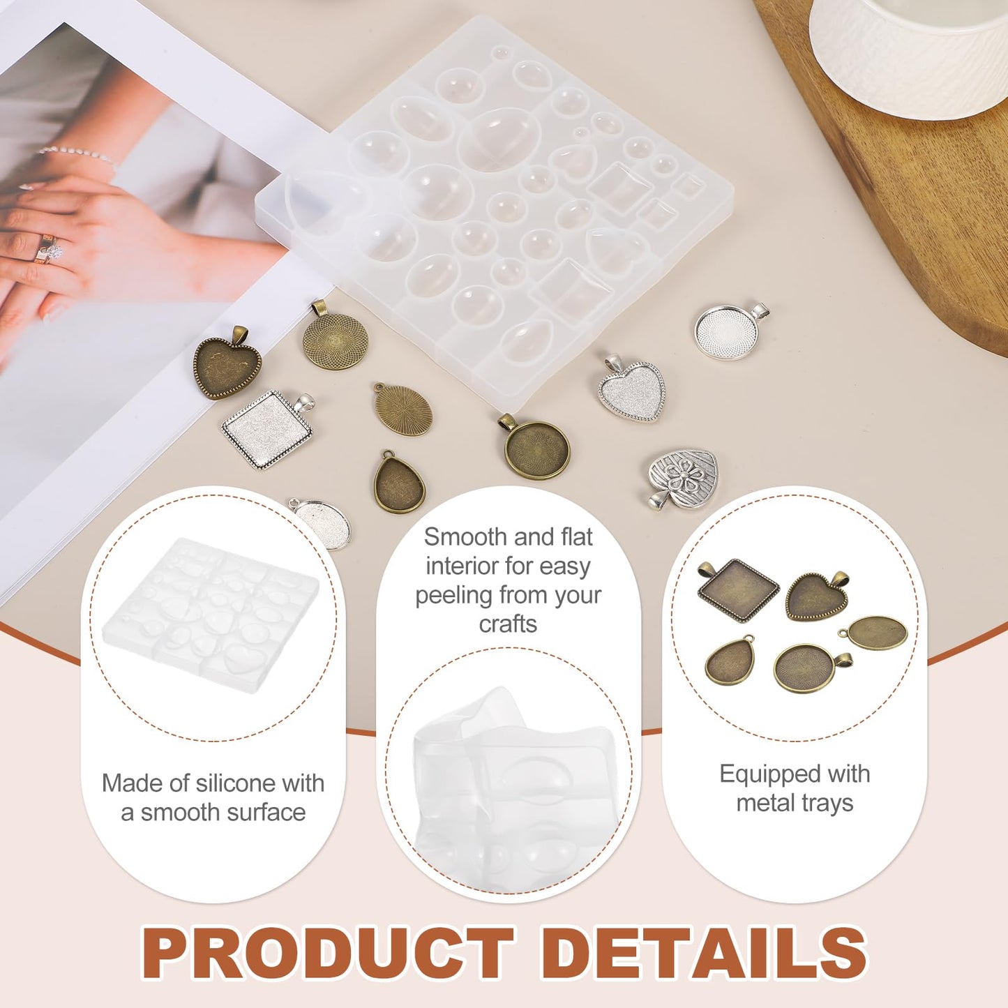 MECCANIXITY Jewelry Resin Mould, Silicone Resin Moulds with 30pcs 5 Style Metal Pendant Trays with Texture for DIY Crafts Earring Necklace Jewelry Making Kit, Silver
