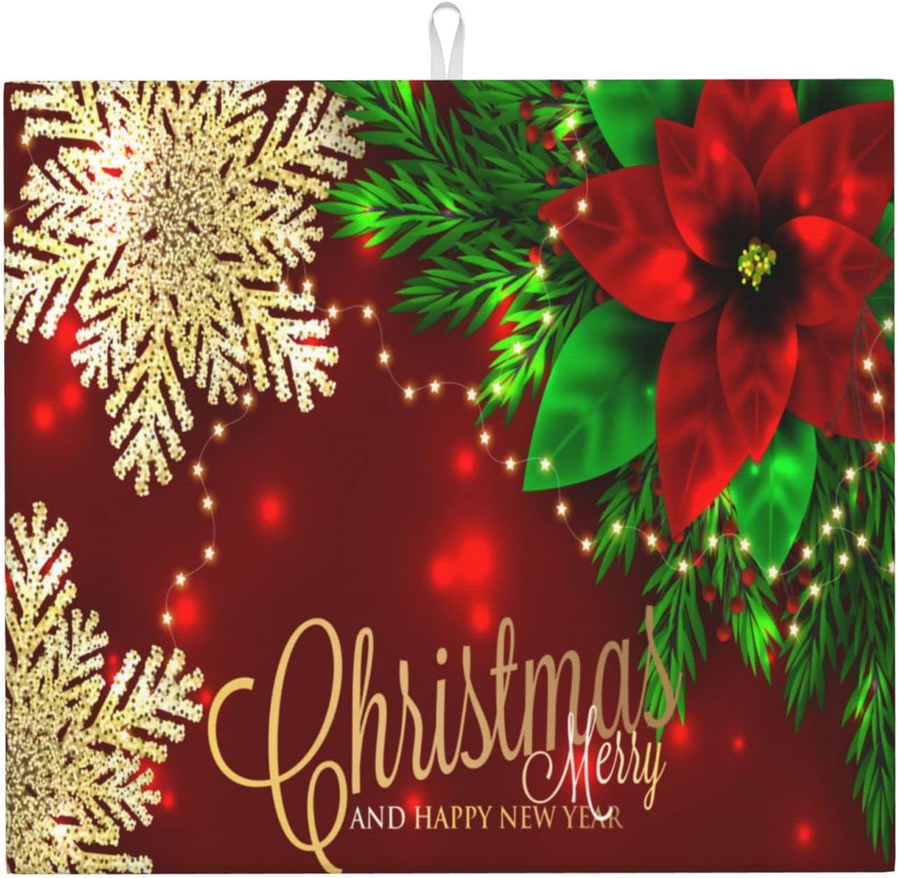 Christmas Dish Drying Mat for Kitchen Counter Poinsettia Gold Snowflake Xmas Absorbent 16x18 Inch Microfiber Dishes Protector Dry Draining Pad Reversible Washable