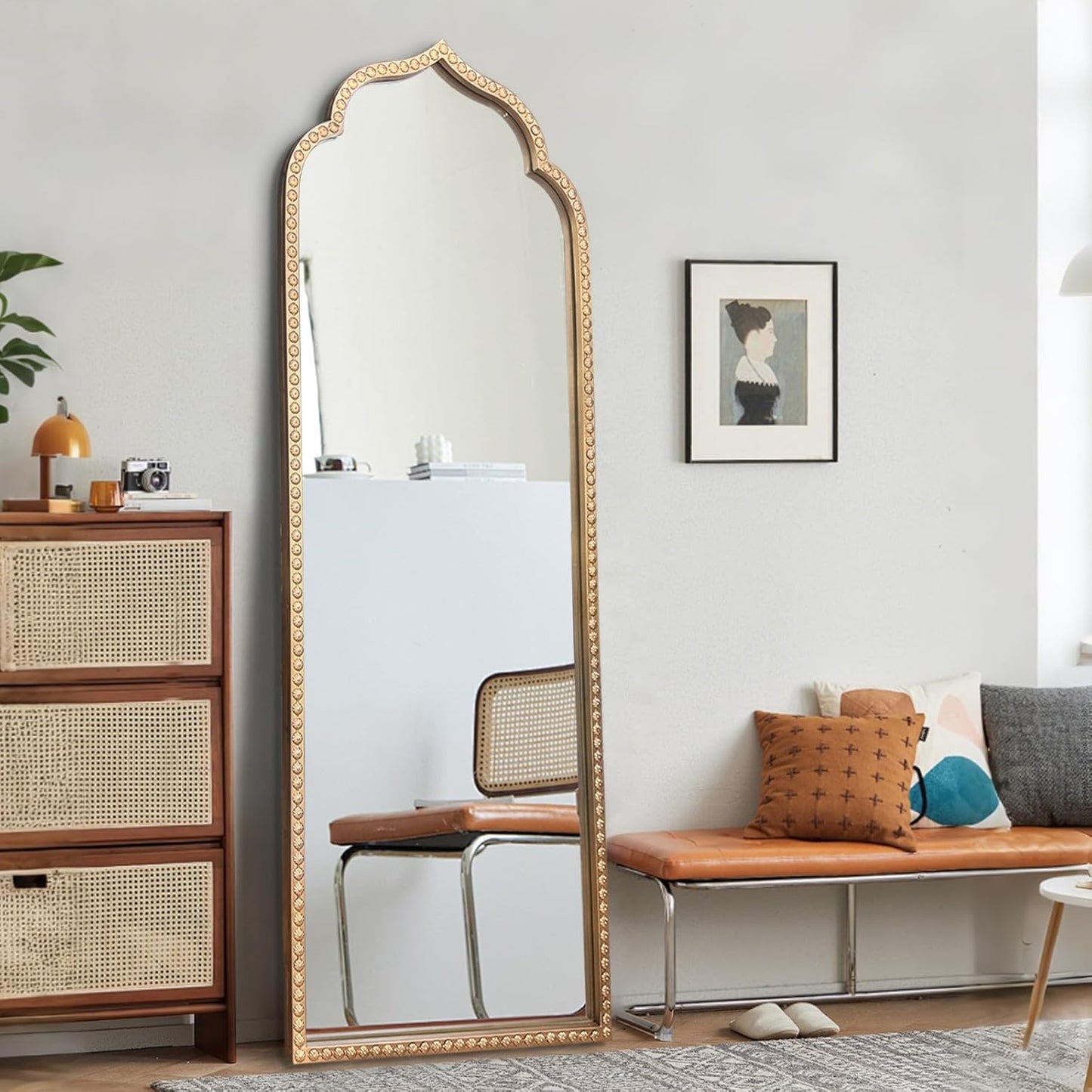 Large Gold Arched Mirror, 21"x64" Arch Standing Floor Mirrors for Dressing, Metal Beaded Frame Vintage Mirror, Scalloped Full Length Mirrors for Living Room Bedroom Hallway Entryway