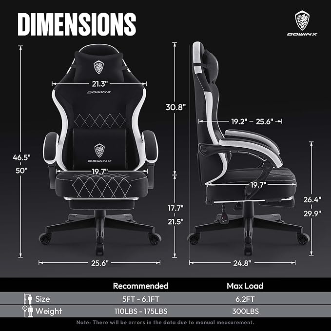 Dowinx Fabric Gaming Chair, Ergonomic Computer Chair with Footrest and Pocket Spring Cushion, Height Adjustable Video Gamer Chair with Lumbar Support for Adults, Black