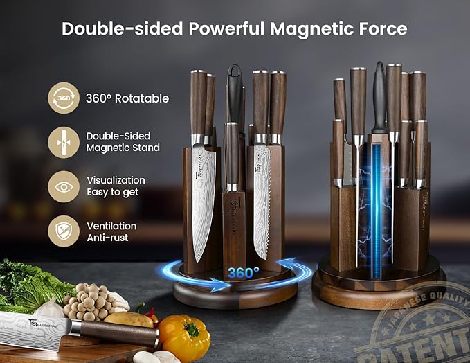 Kitchen Knife Set with Magnetic Block and Sharpener 14 Piece Knife Set 360° Rotatable Holder Ultra Sharp High Carbon Stainless Steel Knives Sets with Steak Knives, Christmas gift