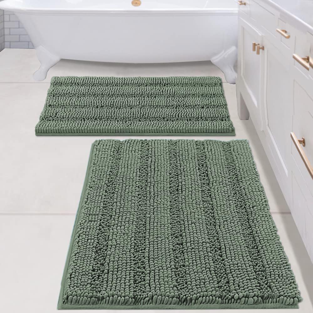 H.VERSAILTEX 2 Piece Bathroom Rugs Bath Mats Sets Super Absorbent Chenille Striped Bath Mats Non Skid Machine Wash Dry Rugs for Bathroom Floor (Green Bay, 24 x 36 Plus 20 x 32 - Inches)