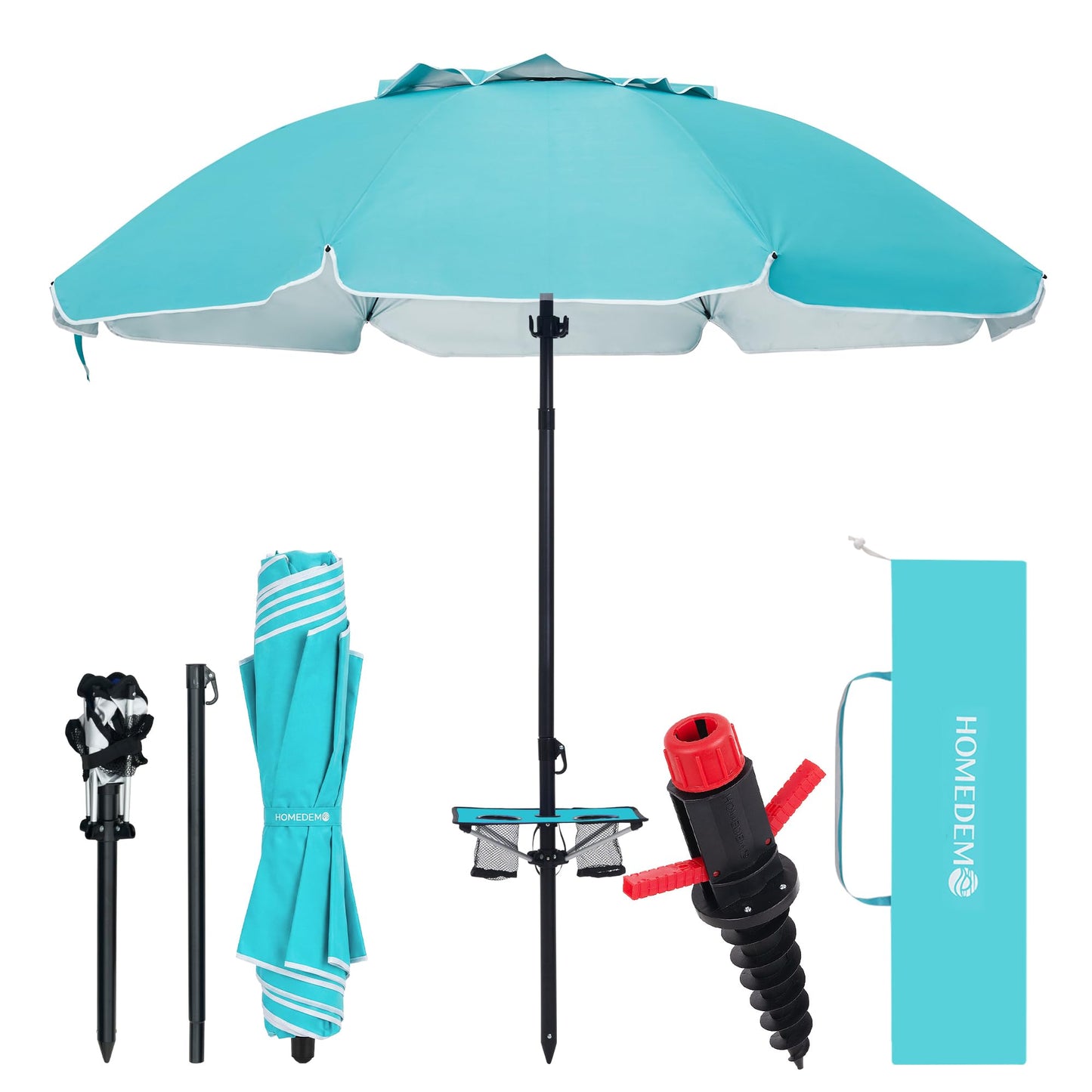HOMEDEMO 7FT Beach Umbrella with Table & Large Sand Anchor, Heavy Duty Windproof Portable Beach Umbrella witn UPF 50+ Sun Protection, Outdoor Umbrellas with Adjustable Aluminum Pole, Türkiye Blu