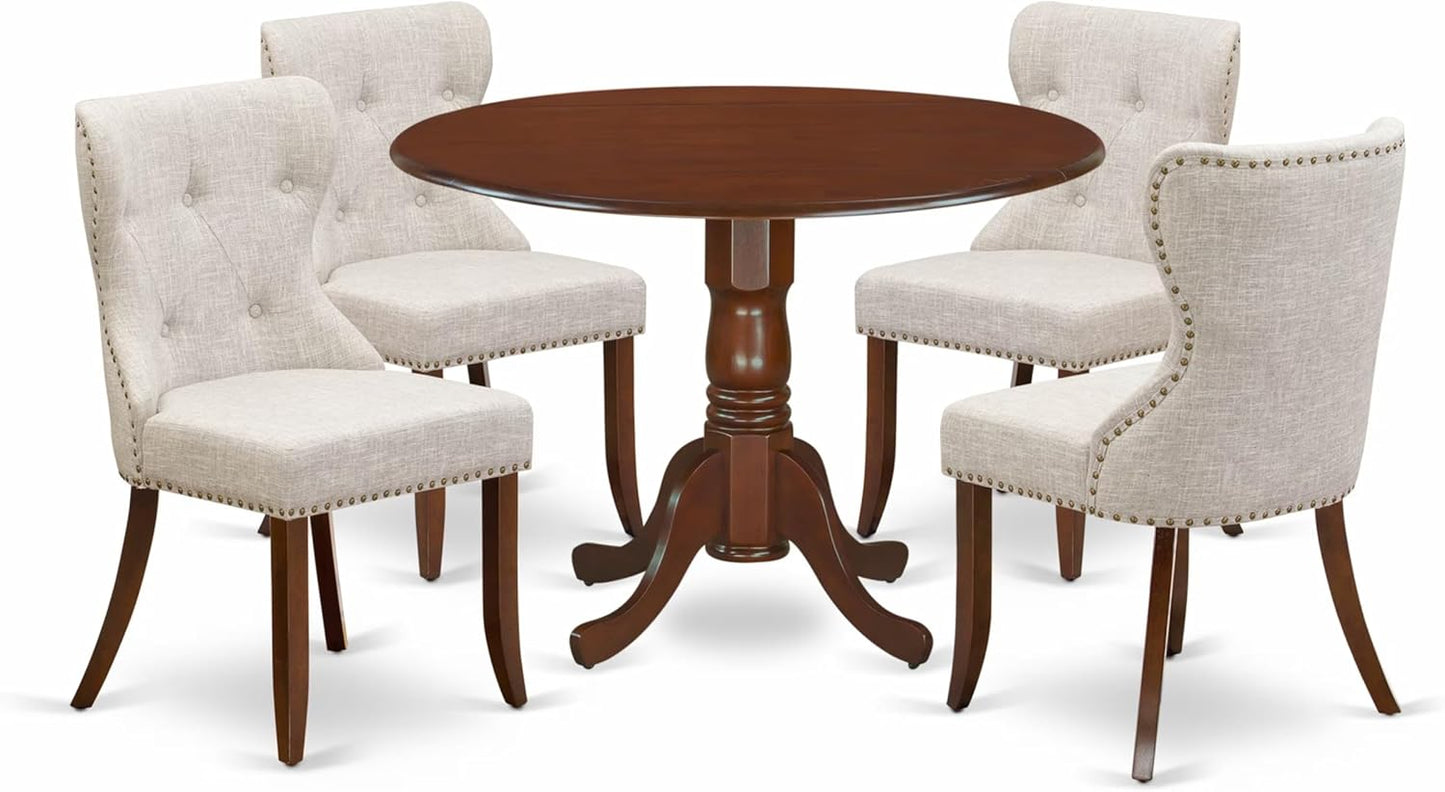 East West Furniture DLSI5-MAH-35 5 Piece Kitchen Table & Chairs Set Includes a Round Dining Room Table with Dropleaf and 4 Doeskin Linen Fabric Parson Dining Chairs, 42x42 Inch, Mahogany