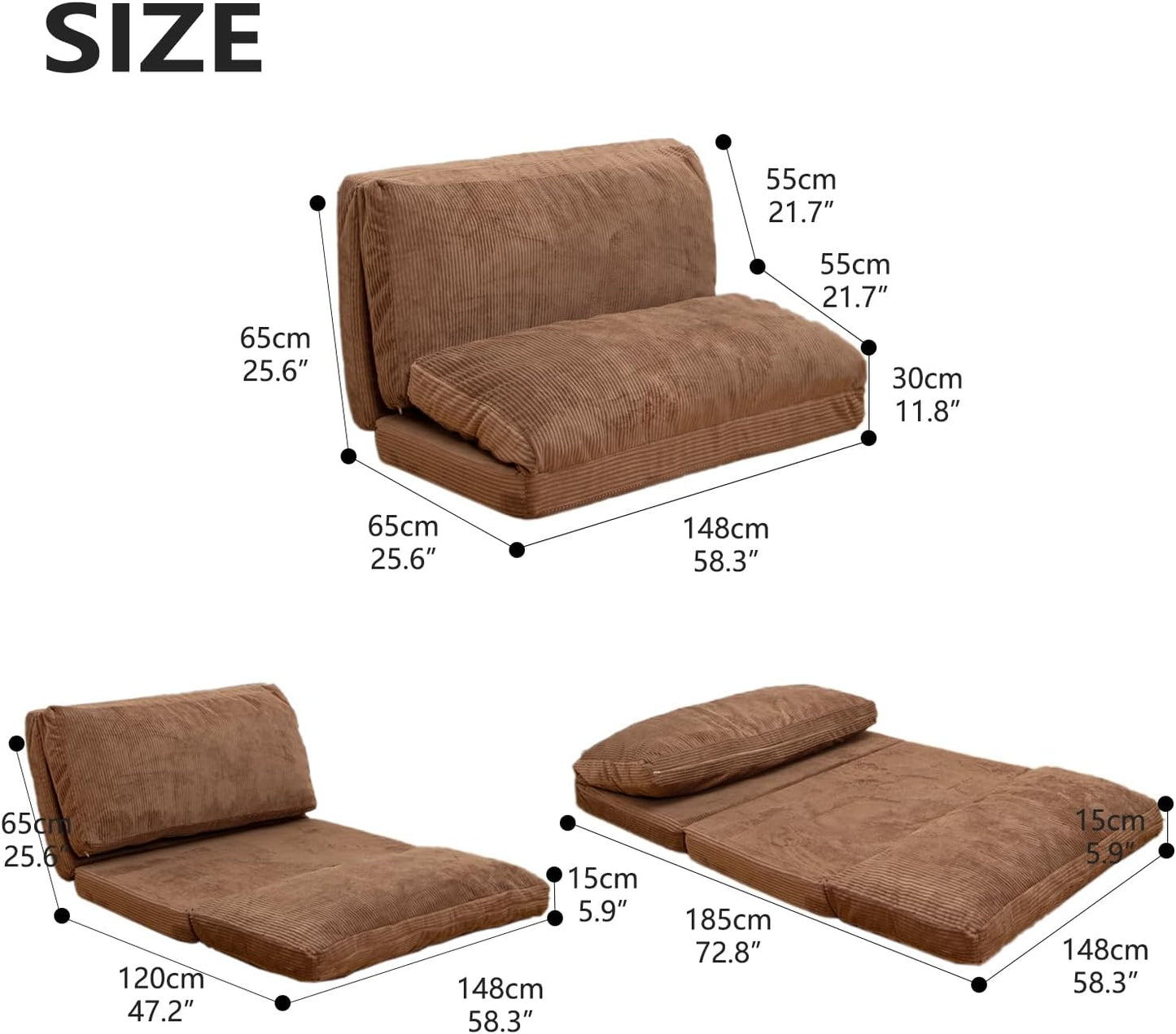 N&V Folding Matress Sofa Bean Bag Bed, Foam Filling Folding Matress Sofa, Includes Removable and Machine Washable Cover, Soft Premium Corduroy (Large, Brown Suagr)