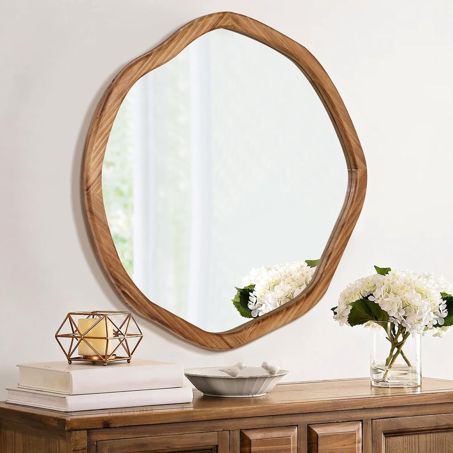 ULIKE Round Wood Mirror, 30 Inch Asymmetrical Circle Vanity Mirror with Wood Frame, Rustic Decorative Wall Mount for Bathroom Bedroom Living Room Entryway