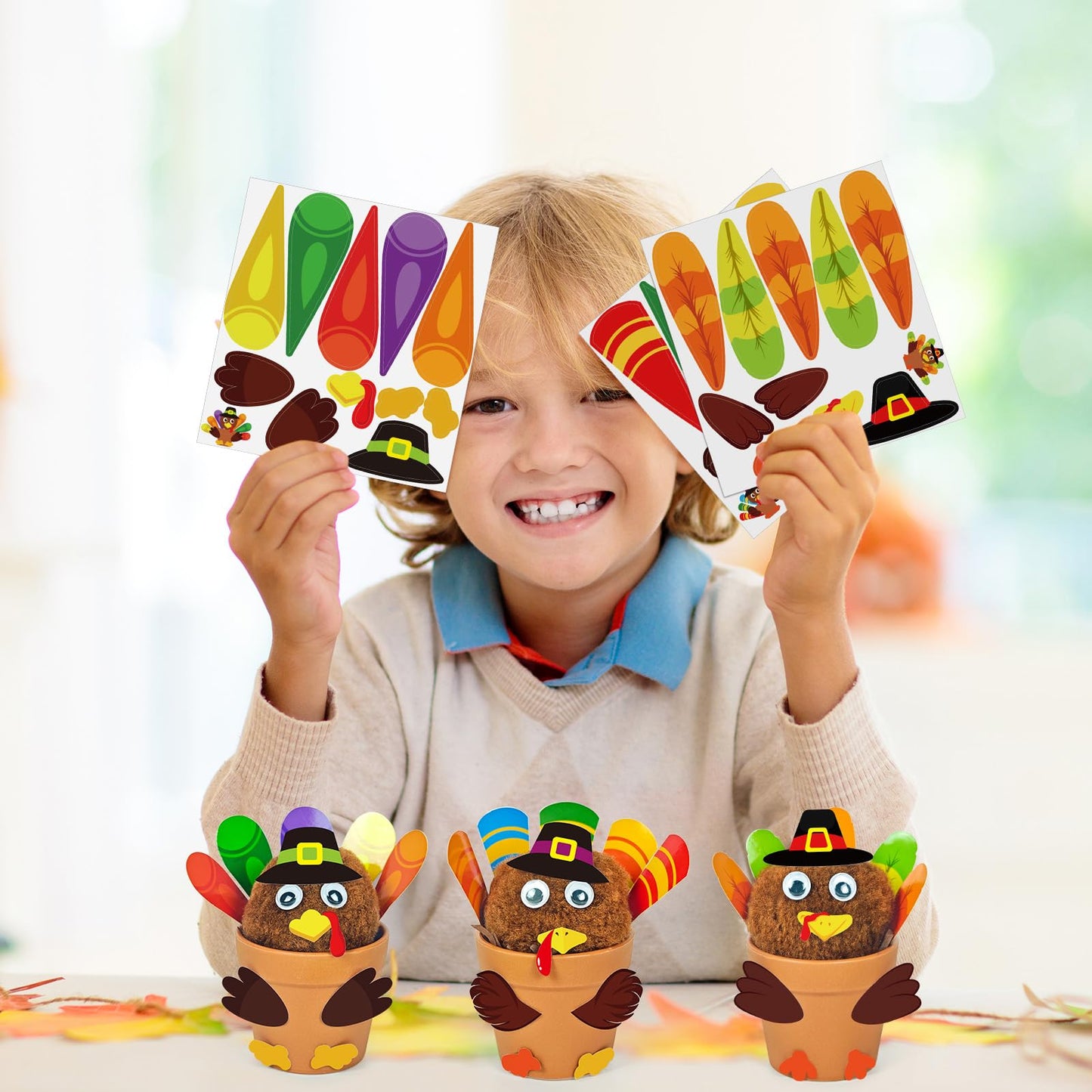 Cinrobiye 24 Set Thanksgiving Turkey Craft Kits DIY Thankful Turkey Flower Pot Making Kit Decorative Turkey Pots Art for School Classroom Activities Home Decoration Festival Gifts Party Favor Supplies