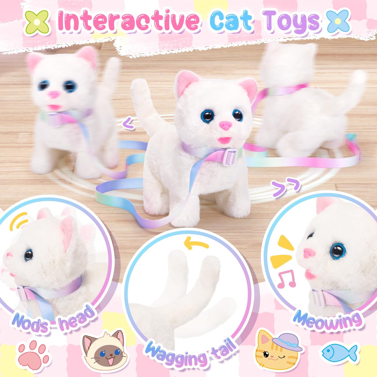 NINAOR Interactive Cat Toys for Kids with Crossbody Bags, Stuffed Cat Plush with Leash Walking Meow Pretend Play Kitty Robot Pet Toy, Electronic Realistic Cute Stuff for Girls Plushies Toddler Toys