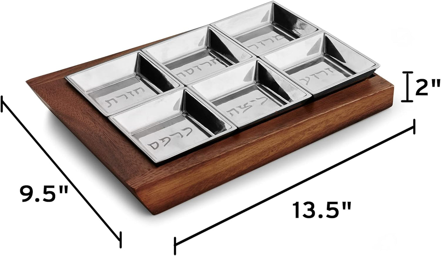 Nambe - Holiday Collection - Geo Wood and Alloy Seder Plate - Measures at 13.5" x 9.5" x 2" - Made with Nambe Alloy and Acacia Wood - Designed by Mikaela Dörfel