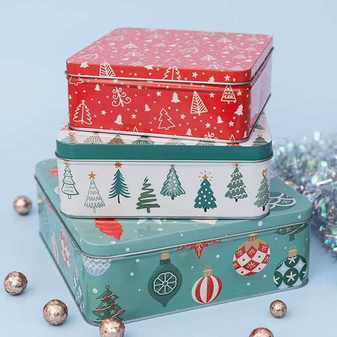 Steel Mill & Co Tin Containers with Lids, 3 Pack Christmas Cookie Tins, Festive Cookie Tins for Gift Giving & Holiday Treats, Square Metal Nesting Containers, Ornaments and Trees