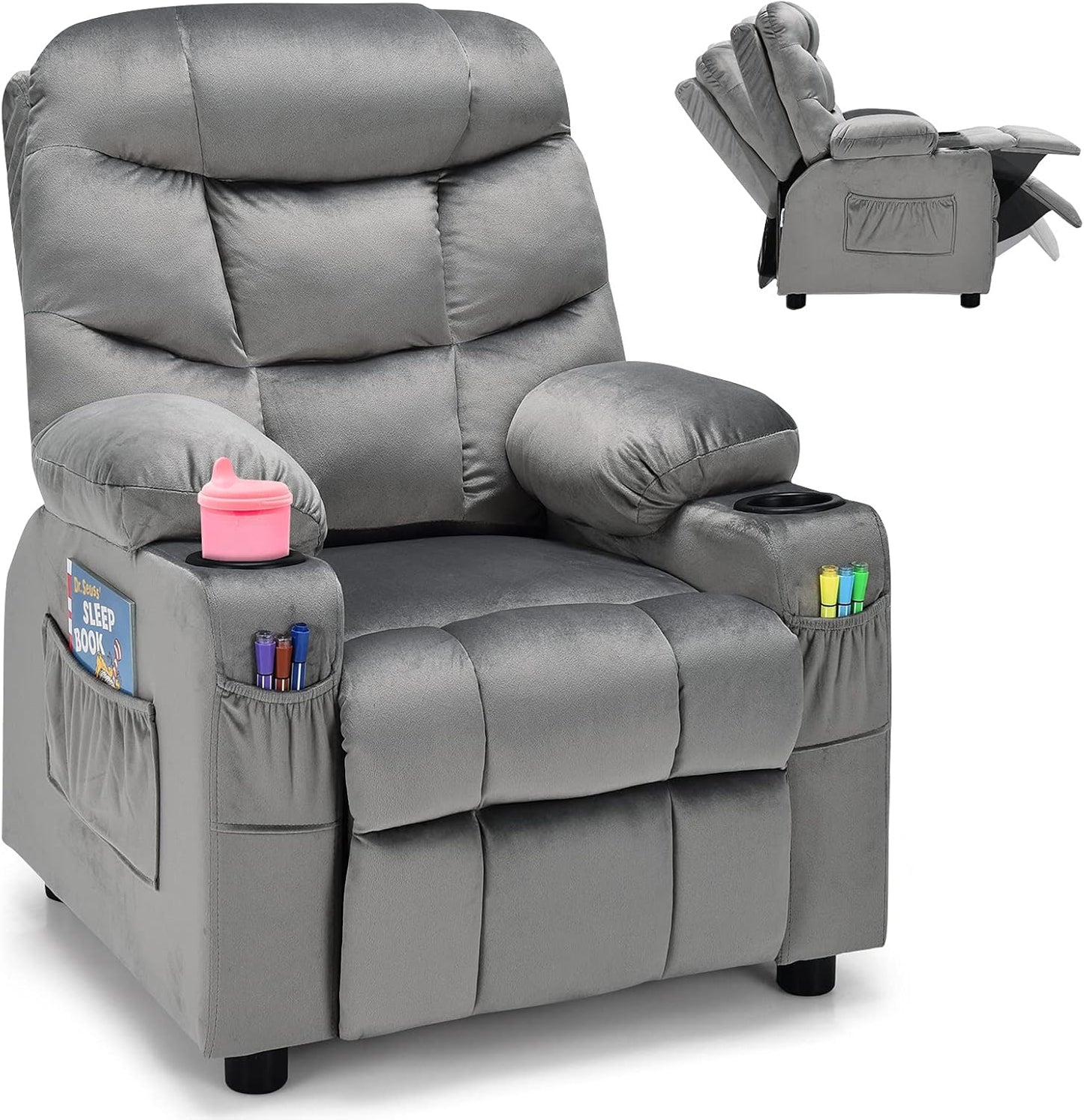 Costzon Kids Recliner Chair with Cup Holder, Adjustable Velvet Lounge Chair w/Footrest & Side Pockets for Children Boys Girls Room, Ergonomic Toddler Furniture Sofa Gifts, Kids Recliner (Gray)