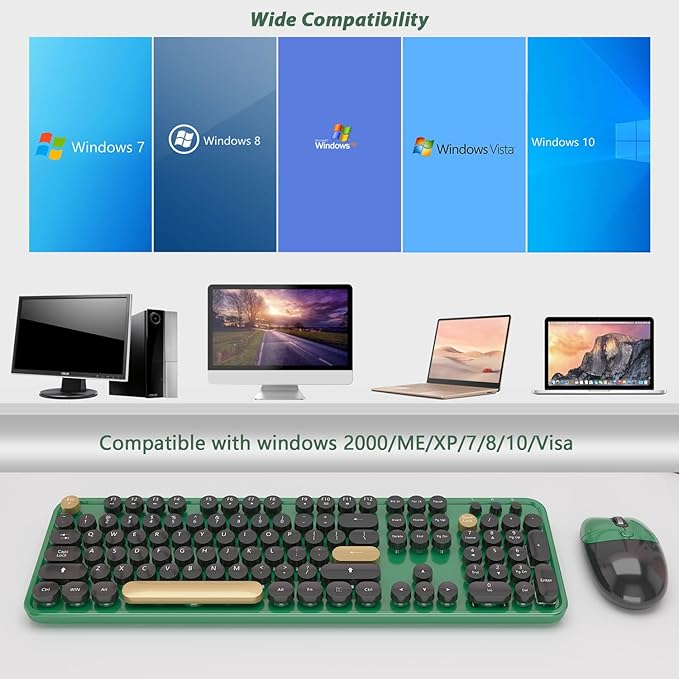 Kootop Wireless Keyboard,Cute Colorful 104 Keys Typewriter Retro Round Keycaps Keyboard for PC Laptop,Desktop,Windows, Home and Office Keyboards (Black Green)