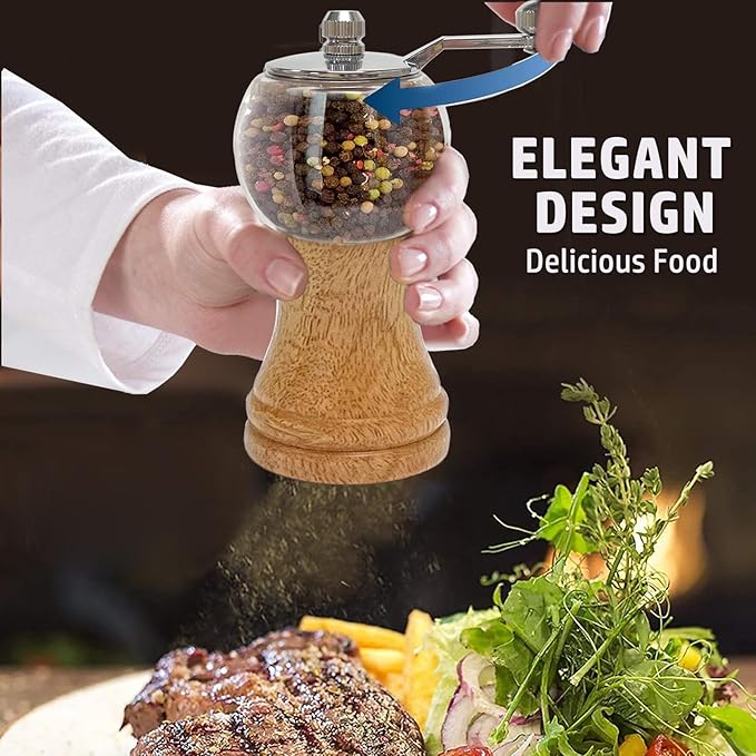 Salt and Pepper Grinder Set Manual Pepper Mill Set Classical Hand Shake Wooden Salt Mill Acrylic Ceramic Blades Upgrade Metal Handle, Enjoy Fresh Ground Pepper Salt Various Spices (2pcs-5in)