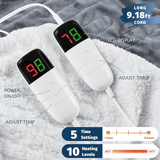 Heated Electric Blanket Queen Size - 84" x 90" Heating Blanket with Dual Control, 10 Heating Levels & 8 Hours Auto Off, Soft Warm Flannel Blanket, Christmas Birthday Gifts for Senior Grandma