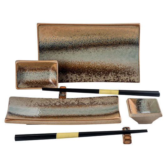 UNICASA Ceramic Sushi Plate Set 8 Piece, Japanese Style Sushi Serving Set for 2, Dishwasher & Microwave Safe, Include Sushi Plates, Sauce Dishes, Chopsticks & Holders, Light Brown