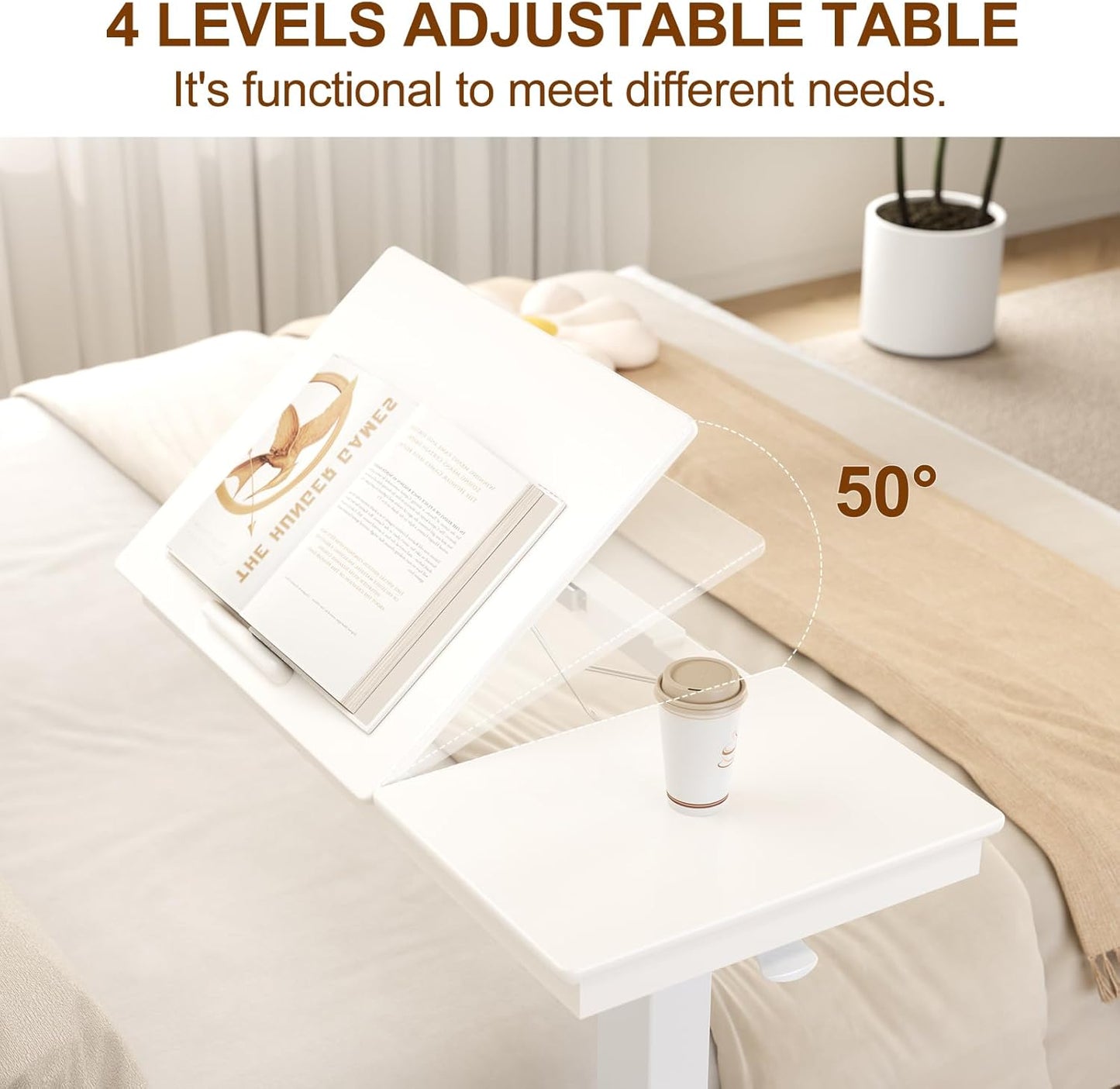 Solid Wood Overbed Bedside Table with Wheels, Adjustable Medical Tilt Top Hospital Bed Table Over The Bed, Rolling Laptop Desk, Mobile Standing Desk for Hospital and Home Use (White)
