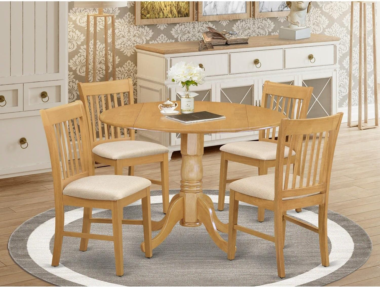 East West Furniture DLNO5-OAK-C 5 Piece Kitchen Table & Chairs Set Includes a Round Dining Room Table with Dropleaf and 4 Linen Fabric Upholstered Dining Chairs, 42x42 Inch, Oak