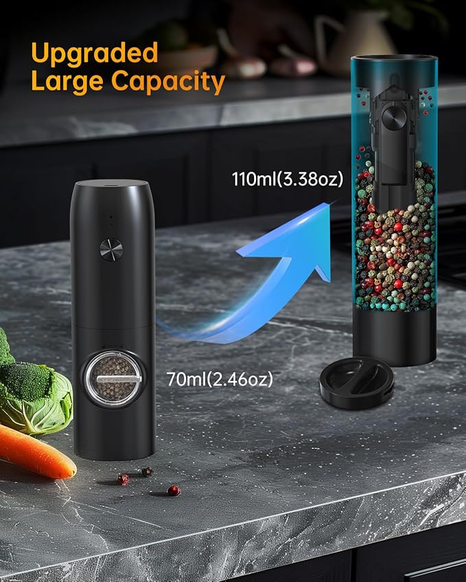 CIRCLE JOY Rechargeable Electric Salt and Pepper Grinder Set with Base, Automatic Pepper Mill Grinders with 110ml Container, Adjustable Coarseness and White LED Light, Black