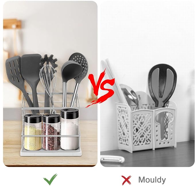 Utensil Holder for Kitchen Counter, Metal Utensil Holder Rack for Salt and Pepper Shakers for Kitchen Countertop, Cooking Tools Storage for Spatula, Large Utensil Organizer with Marble Base