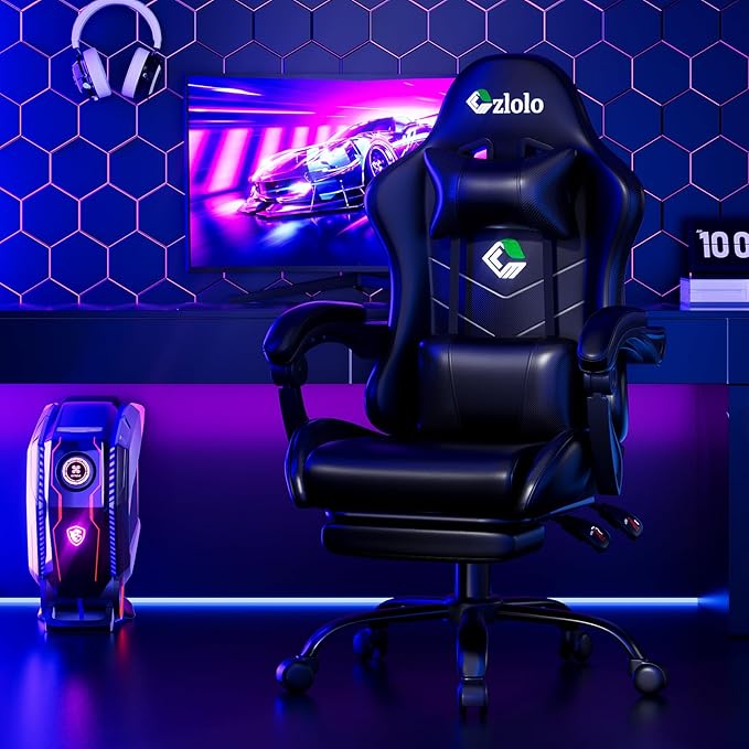 Gaming Chair with Footrest Racing Style Lumbar Support Massager Video Game Chair with Metal Legs, High Back Gamer Chair with Headrest, 360° Swivel Office Computer Desk Chair, Black