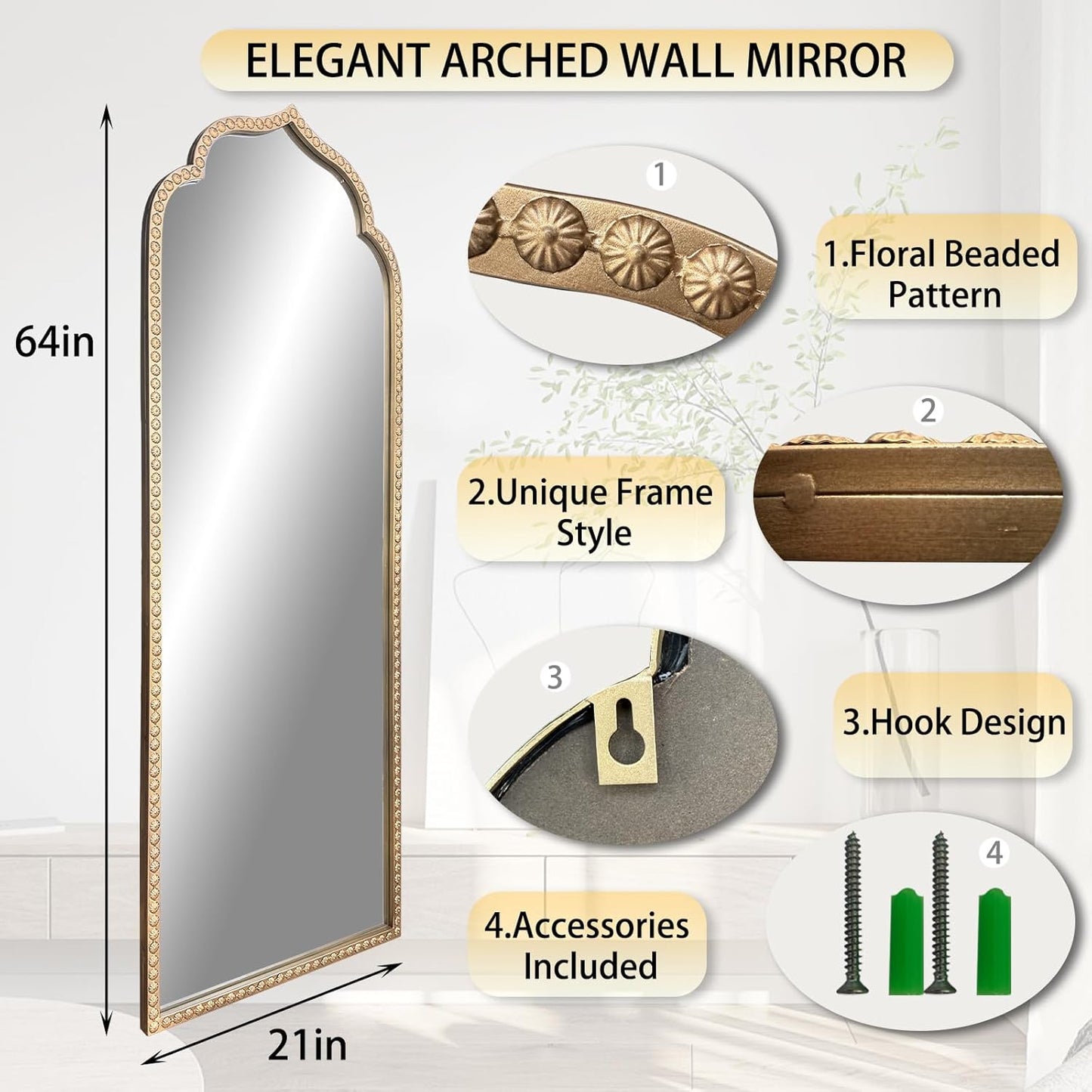 Large Gold Arched Mirror, 21"x64" Arch Standing Floor Mirrors for Dressing, Metal Beaded Frame Vintage Mirror, Scalloped Full Length Mirrors for Living Room Bedroom Hallway Entryway