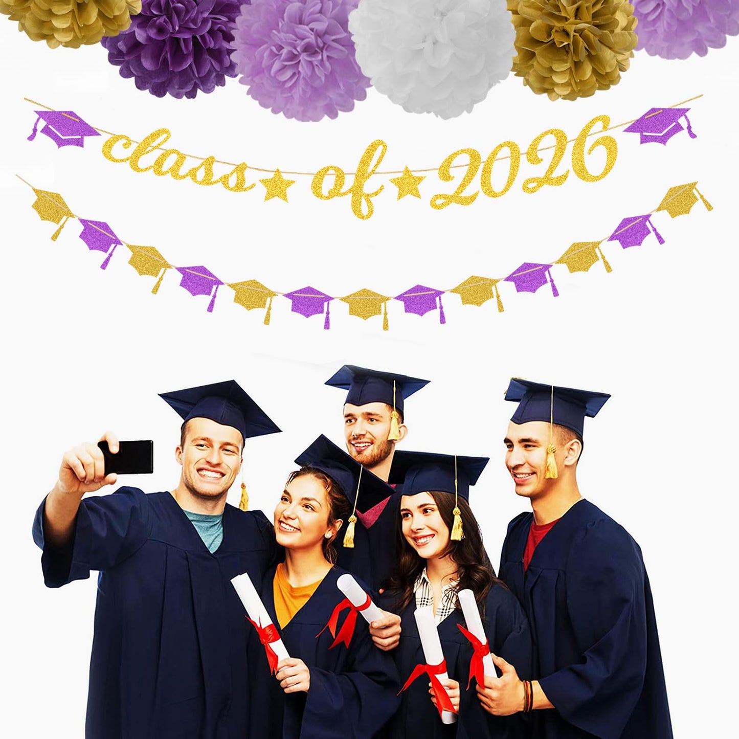 Purple White-Gold Party-Decorations Graduation Banner - 8pcs Kits Class of 2026 Cap Garland Streamers, Paper Tissue Pom Poms Flowers, Congratulations Grad Decor Lasting Surprise