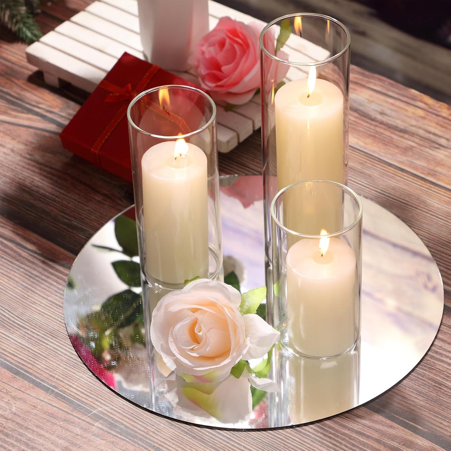 Shihanee 36 Pcs Pillar Candles and Glass Cylinder Vases Tall Cylinder Holders for Pillar Candles Wedding Centerpieces, Total 18 Sets(2.6'' X 4.7'', 5.9'', 7.9'',Clear,Ivory White)