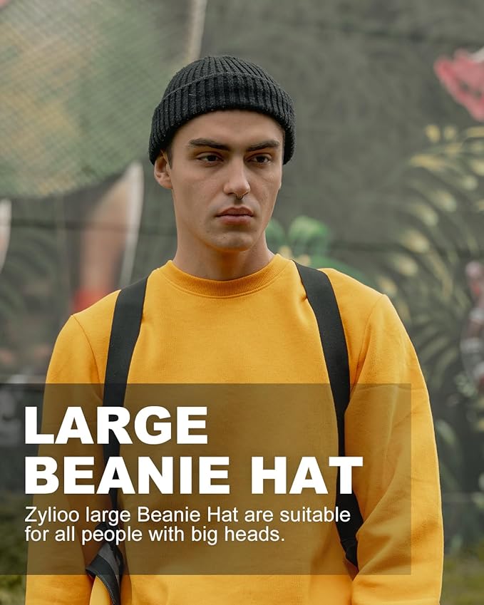 Zylioo Oversize Beanie Hats, XXL Big Size Ribbed Knit Cuffed Winter Hat for Cold Weather, Warm Skull Watch Cap
