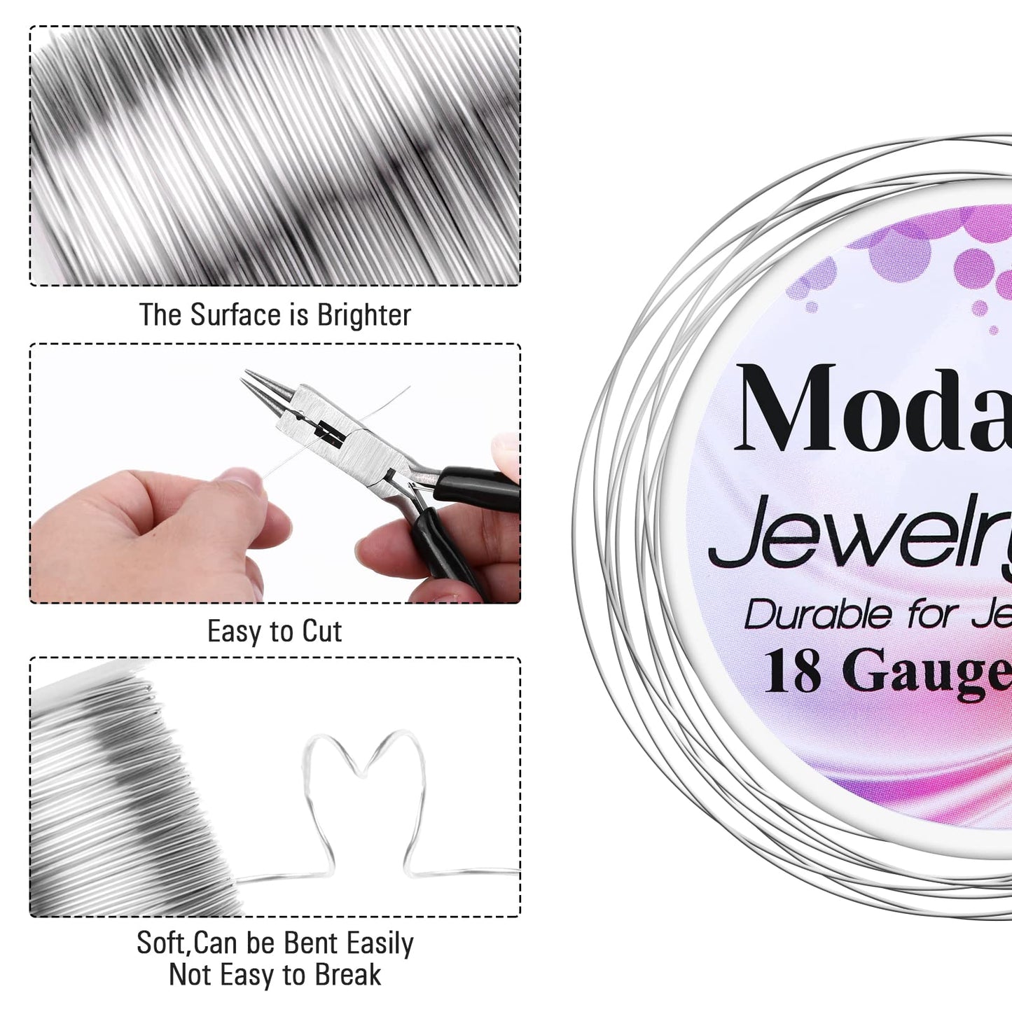 Modacraft 18 Gauge Silver Jewelry Wire & 4-in-1 Pliers Kit - 65FT Anti-Tarnish Craft Wire (1mm) for Wire Wrapping, DIY Jewelry, Christmas Ornaments & Holiday Decor