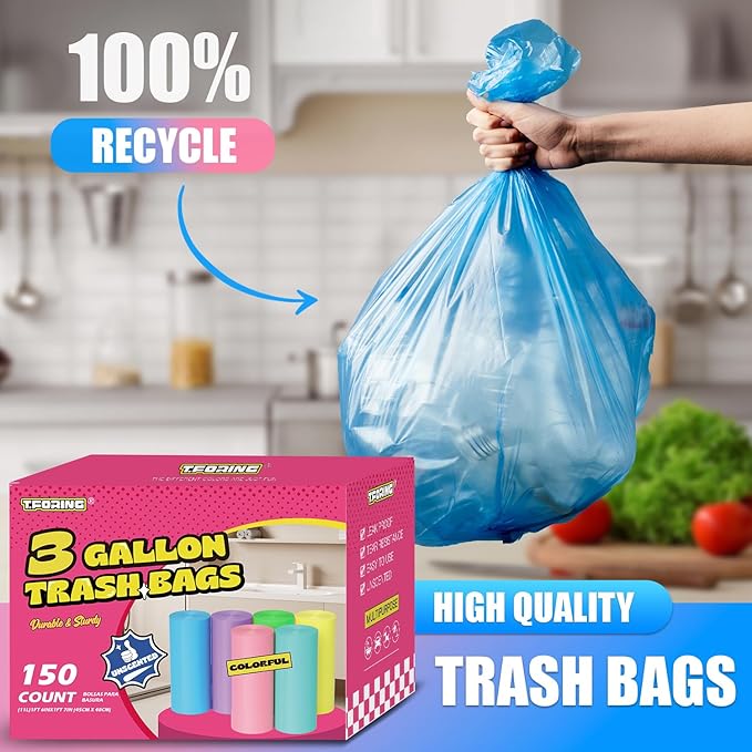 Small Trash Bags 3 Gallon -150 Count Mini Garbage Bags Unscented,12 Liter Colored Plastic Trash Can Liners,Strong Wastebasket Liners for Bathroom Toilet and Home