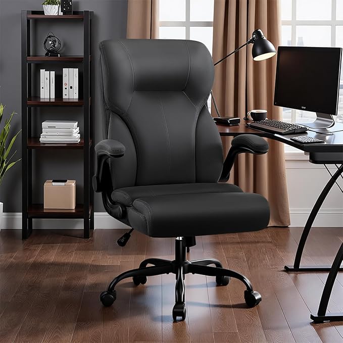 Executive Office Chair, High Back Ergonomic Comfy Desk Chair with Padded Flip-up Armrests and Wheels, PU Leather Heavy Duty Computer Swivel Rolling Task Chair for Home Office, Adults, Black
