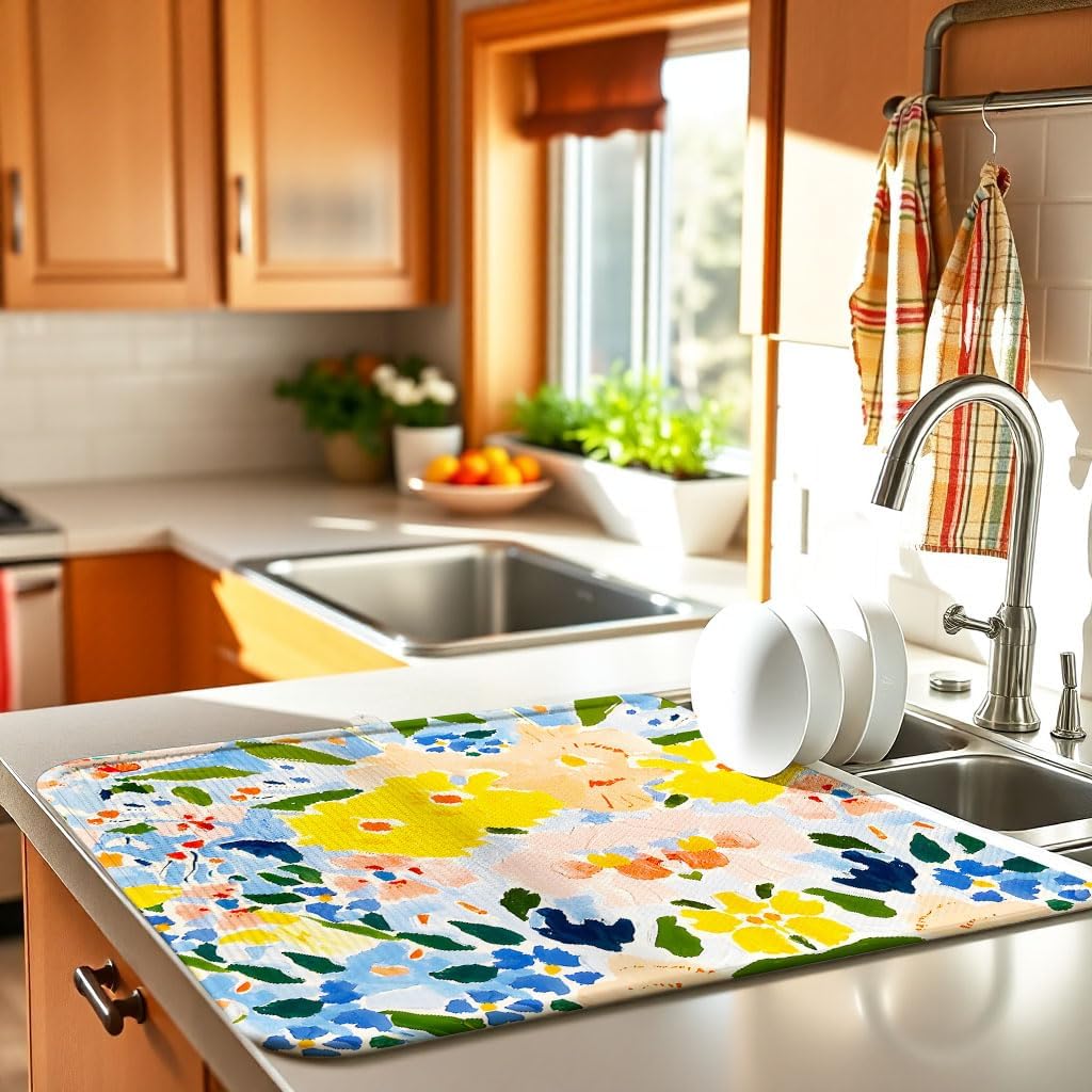 Flower Drying Mat 16" X 18" Yellow flower Kitchen Counter Stone Large Dish Drying Mats For Kitchen Counter Blue Floral Drying Mats For Home Counter Drying Mats For Dishes Table Mat Drying Kitchen Mat