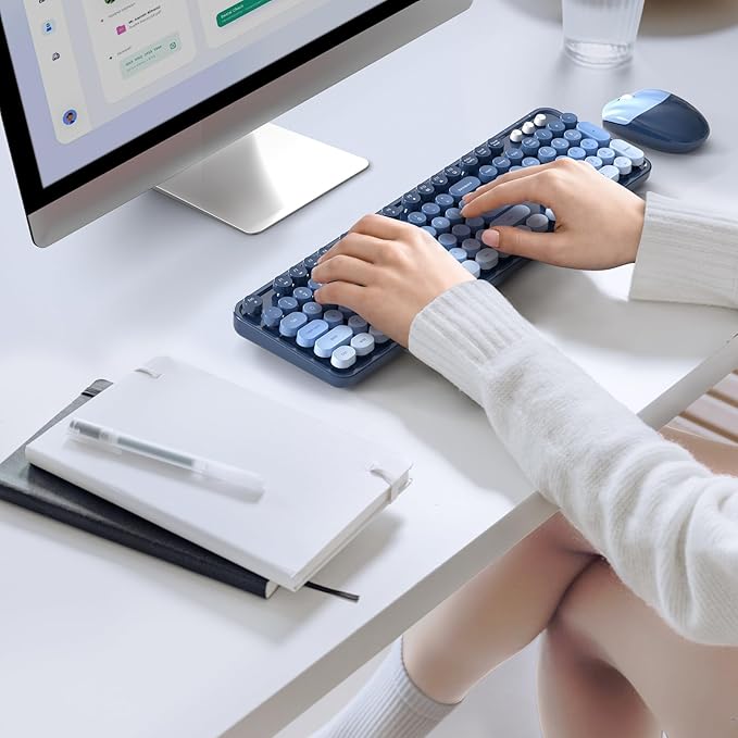 Wireless Keyboard Mouse Combo, Retro Typewriter Full-Size Keyboard with Round Keycaps, 2 in 1 USB Connected Mouse for Windows PC, Laptop, Computer, Desktop, Home and Office Use