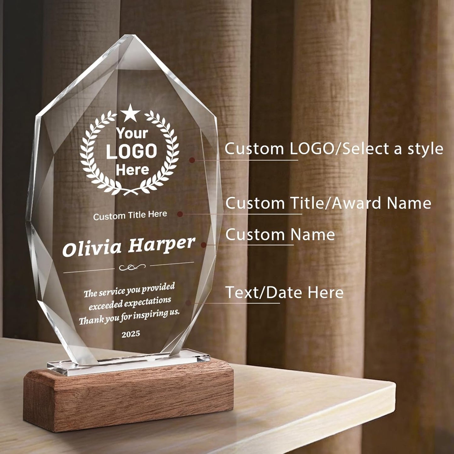 Custom Crystal Trophy Award with Wood Base, Custom Plaque Personalized Engraved with LOGO Text, Employee Appreciation Gift, Retirement Gift for Employee Coworker, Sports Recognition Trophies