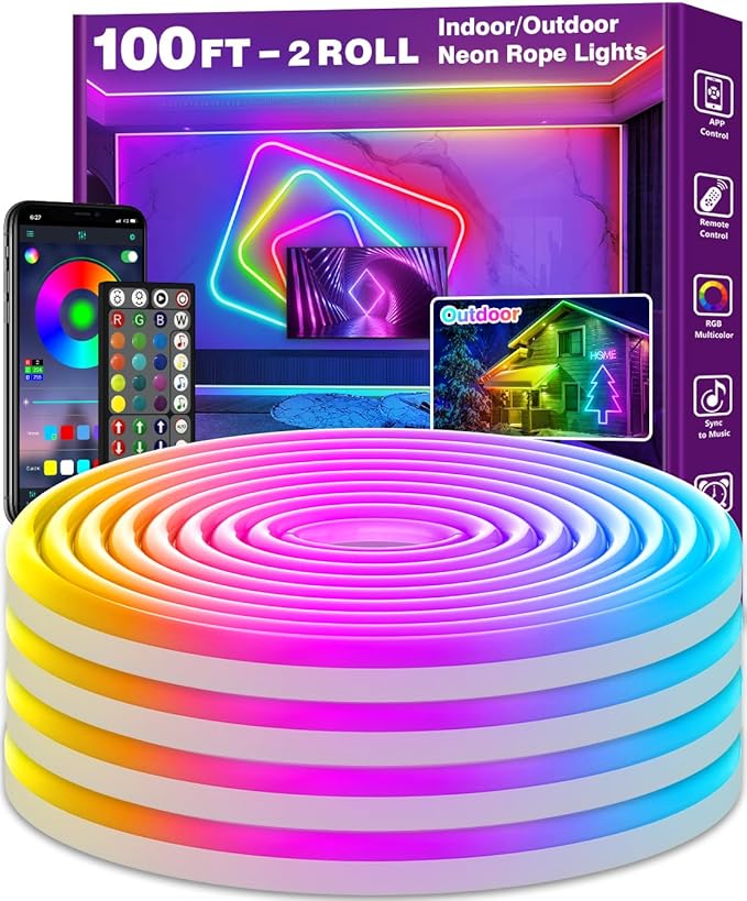 AILBTON 100Ft Neon Rope Lights,Flexible Led Rope Lights Control with App/Remote,Multiple Modes Music Sync Gaming RGB Led Neon Lights for Bedroom Outdoor