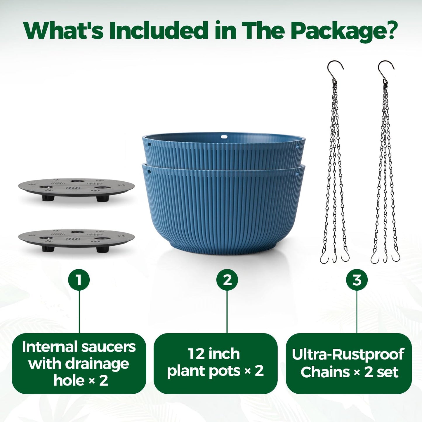 T4U 12 Inch Large Hanging Planters for Outdoor Plants, 2 Pack Self Watering Pots Indoor, Hanging Baskets for Plants,Hanging Flower Pot with Drainage Hole and Plant Hanger, Blue