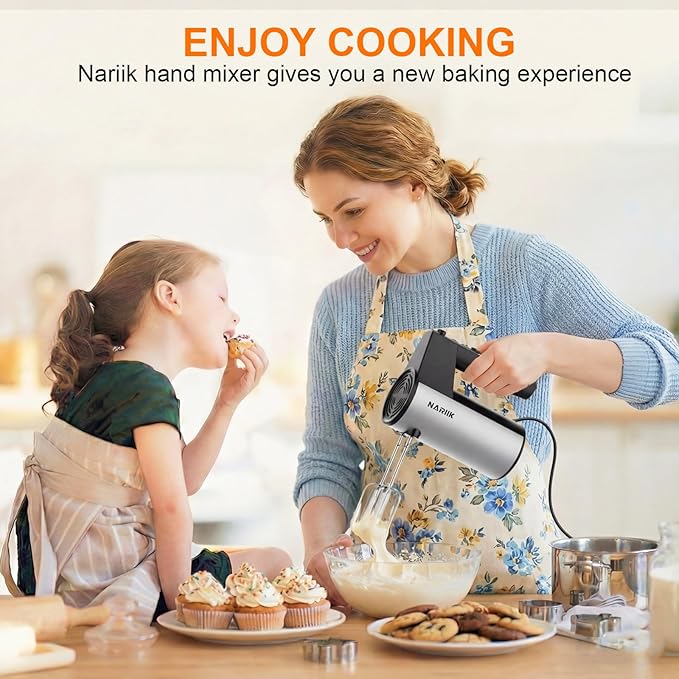 Electric Hand Mixer, 600W Kitchen Handheld Mixer, Turbo Boost/Self-Control Speed + 5 Speed + Eject Button + Stainless Steel Hand Beaters*2 & Dough Hooks*2, Kitchen Mixer for Cream/Cookies/Dough