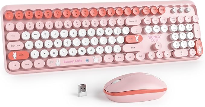 Owpkeenthy Cute Keyboard and Mouse Wireless, Colorful Keyboard Retro Typewriter Style Full-Sized with Number Pad Round Keys for Desktop, Laptop and Computerr (Bunny Pink)