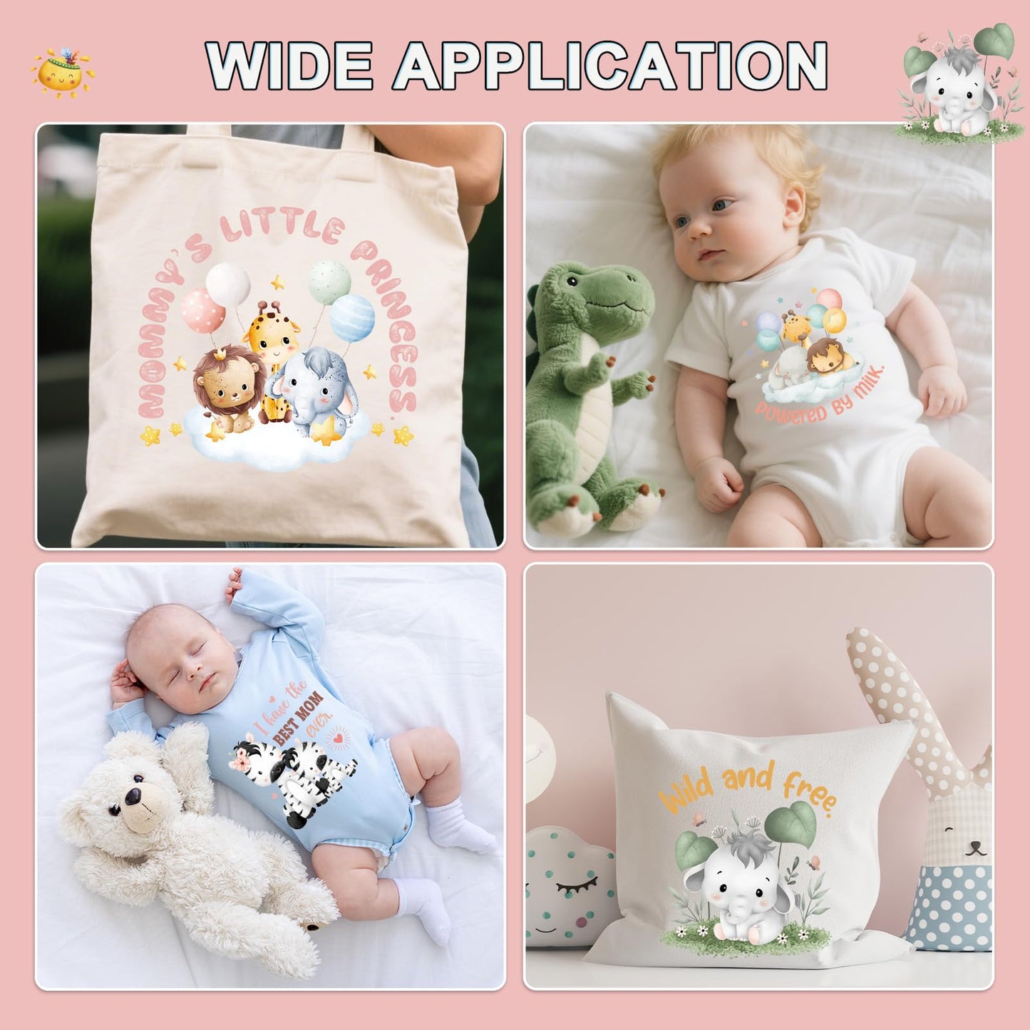 Falueqg Baby Shower Iron on Transfer - 30Pcs Dtf Transfers Ready to Press, Jungle Safari Animal Baby Onesie Decorating Kit Iron on Decals Patches, Cute Heat Trasnefer Stickers for Baby Bibs