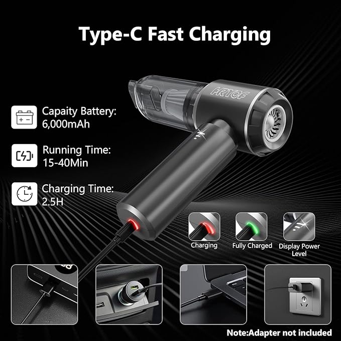 Car Vacuum Cordless, Mini Portable Vacuum Cordless for Car, 4-in-1 20000PA High Power Portable Rechargeable Vacuum Cleaner with Brushless Motor, Small Handheld Vacuum & Air Blower & Pump-Grey