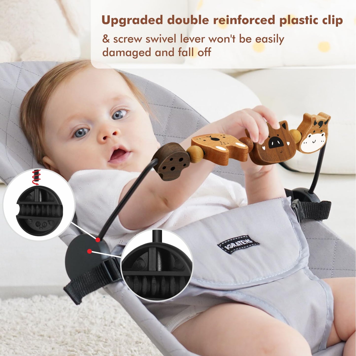 iGRATENS Baby Bjorn Bouncer Toy Bar - Toy Bar for Baby Bouncer Soft & Bliss, Easy to Attach and Remove, 360°Rotating Natural Wooden Toys, Exciting Design for Curious Babies, Farm Animals
