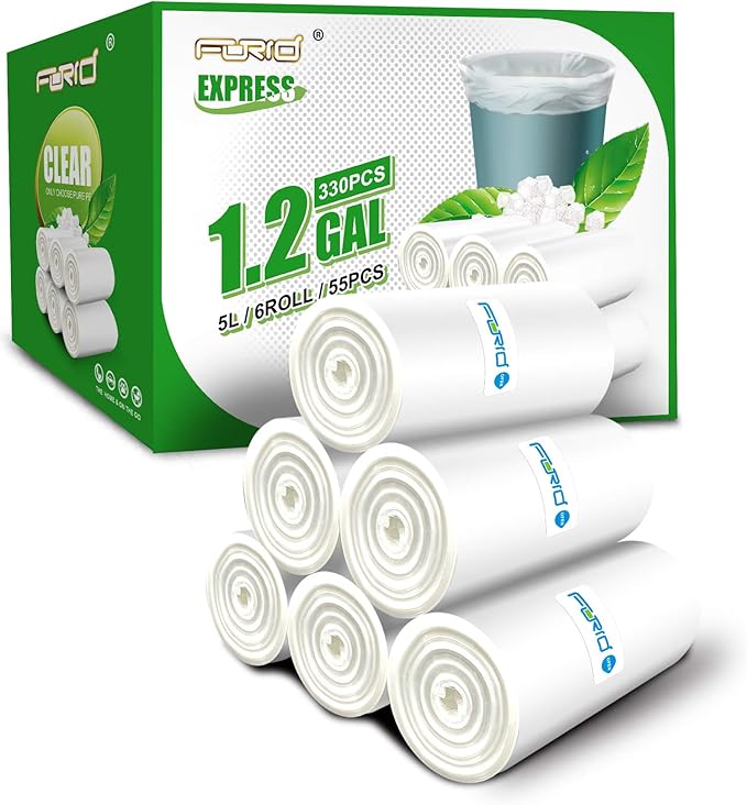FORID Small Clear Trash Bags 1.2 Gallon Tiny Garbage Bags, 330 Count Wastebasket Bin Liners for Bathroom Bedroom Office Garbage Can 5 Liters - Durable & Thick Trash Bag